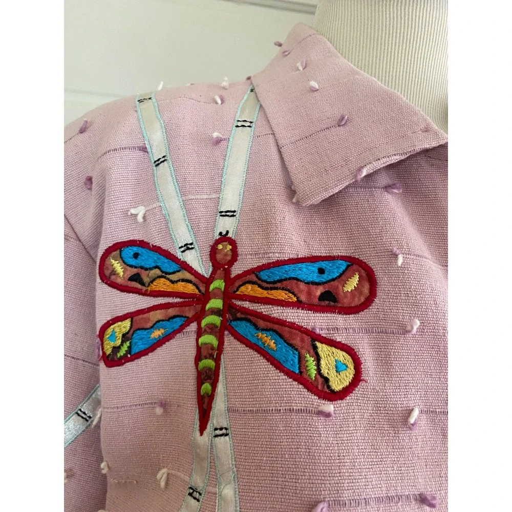 Vtg Daniel K Pink Embroidered Dragonfly Jacket Glitter Buttons Sz‎ L y2k